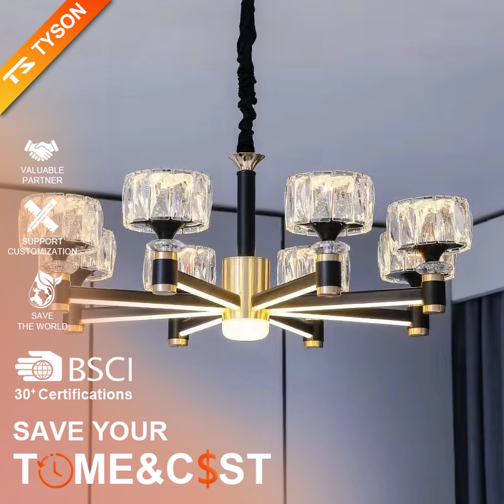 This modern light luxury multi-head chandelier features a gold metal frame, with textured glass lampshades forming a radial shape. When lit, light refracts through the glass to emit a soft and brilliant glow, combining an exquisite texture with an ambient atmosphere. Ideal for living rooms, dining rooms, light luxury apartments, and other spaces, it adds an exquisite and sophisticated touch to modern minimalist or light luxury home environments.
