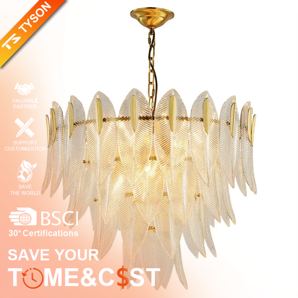 This modern light luxury feather glass chandelier features a gold metal frame, with layered textured feather-shaped glass slices forming a fan shape. When lit, light refracts through the glass to emit a soft and brilliant glow, combining an ethereal texture with an ambient atmosphere. Ideal for living rooms, dining rooms, light luxury apartments, and other spaces, it adds a dreamy and exquisite touch to modern minimalist or French light luxury home environments.