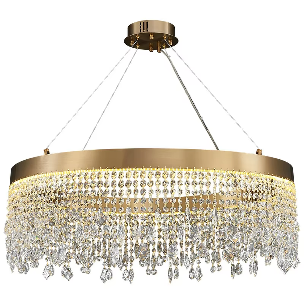 This modern light luxury circular tassel crystal chandelier features a champagne gold metal top frame, with dense crystal bead strings hanging down to form a tassel layered shape. When lit, light refracts through the crystals to emit a brilliant and soft glow, combining a luxurious texture with an ambient atmosphere. Ideal for living rooms, dining rooms, light luxury apartments, and other spaces, it adds an exquisite and sophisticated touch to modern minimalist or light luxury home environments.