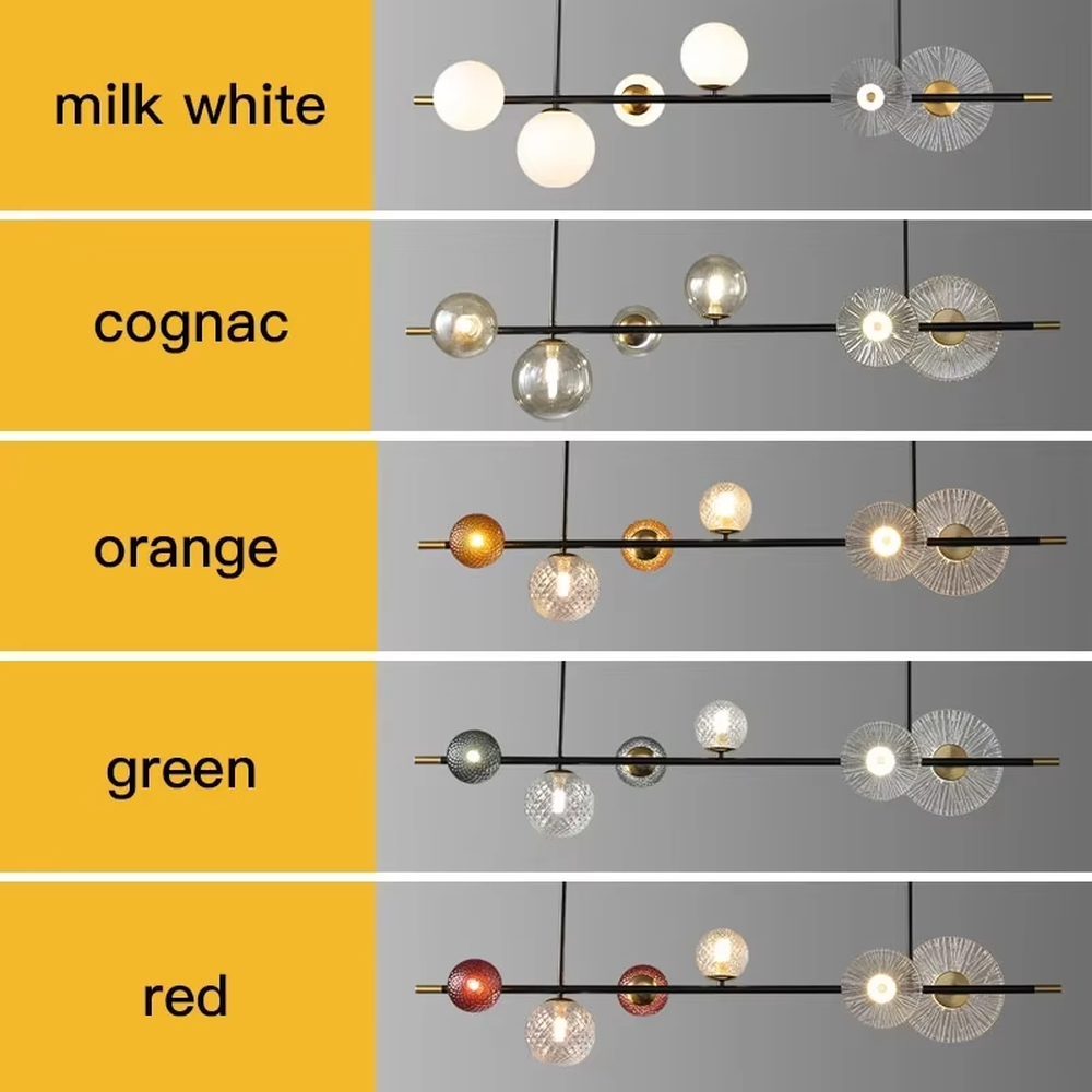 Modern light luxury black and gold combination linear chandelier, featuring a black and gold metal frame paired with milk-white glass balls and radial-patterned glass lampshades. Its minimalist and layered design combines style and ambiance, making it a decorative lighting fixture that elevates the space's aesthetic.