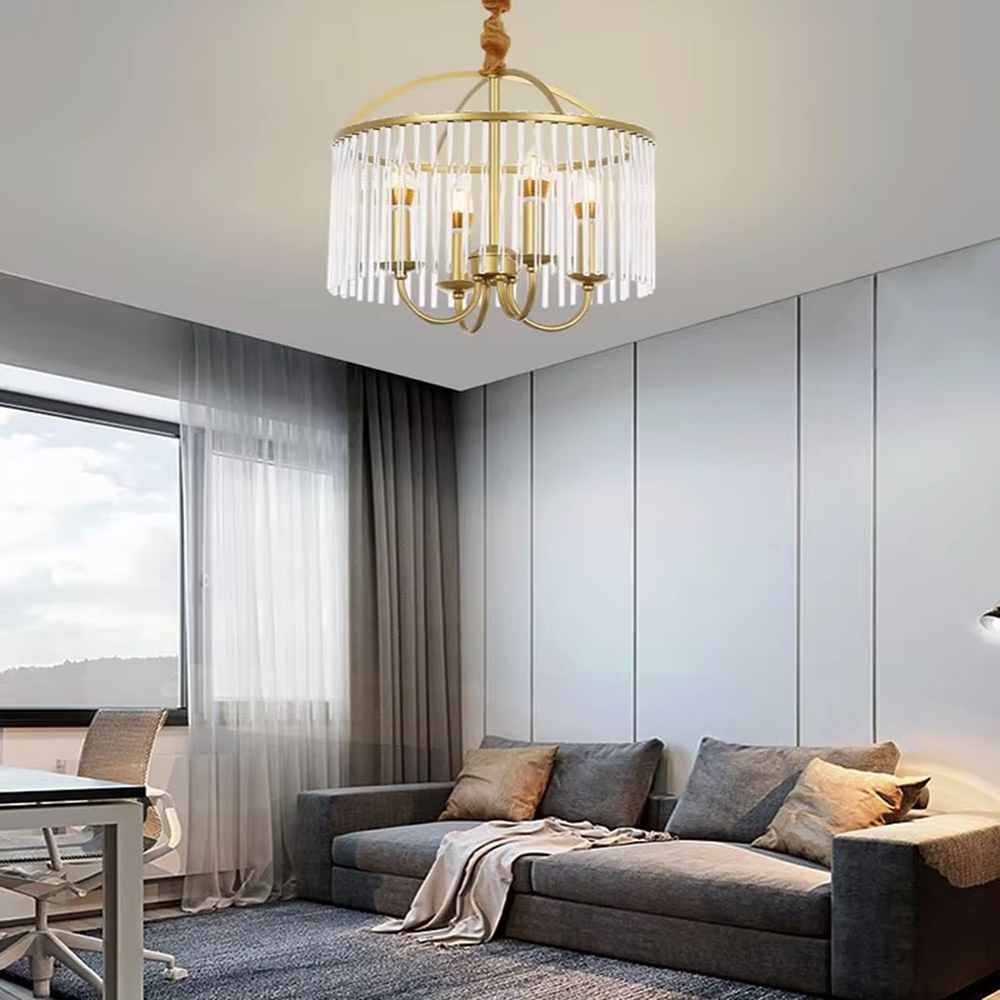 This retro light luxury crystal tassel chandelier features a brass metal frame, paired with transparent long crystal tassels that enclose a dome shape. The internal curved-arm lamp holder is equipped with candelabra light sources. When lit, light refracts through the crystal to emit a soft and brilliant glow, combining retro elegance with an ambient atmosphere. Ideal for dining rooms, bedrooms, retro-style living rooms, and other spaces, it adds an elegant and exquisite touch to American retro or European light luxury home environments.