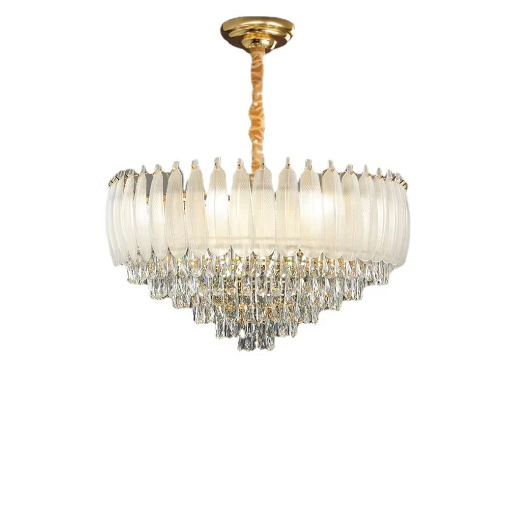 This light luxury retro two-layer chandelier features a dome shape enclosed by vertical-textured frosted glass on the upper layer, paired with hanging crystal tassels on the lower layer, all set in a gold metal frame. When lit, light refracts through the glass and crystal to emit a soft and brilliant glow, combining elegant texture with an ambient atmosphere. Ideal for dining rooms, bedrooms, light luxury living rooms, and other spaces, it adds an elegant and exquisite touch to European retro or modern light luxury home environments.
