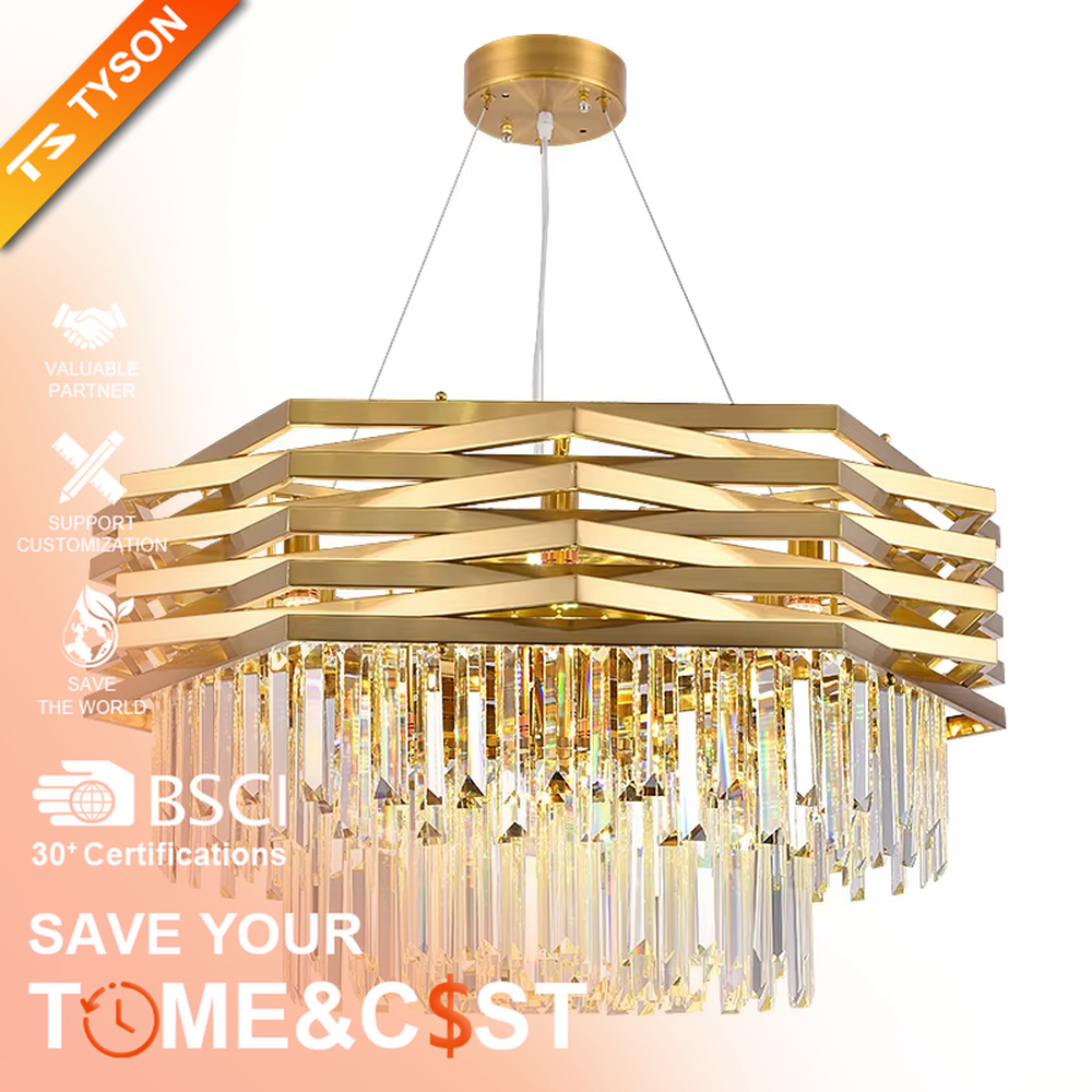 This modern light luxury two-layer chandelier features a geometric dome shape made of interwoven gold metal strips on the upper layer, with transparent crystal tassels hanging below. When lit, light refracts through the crystal to emit a brilliant and luxurious glow, combining an artistic feel with an ambient atmosphere. Ideal for living rooms, dining rooms, villa high-ceiling spaces, and other areas, it adds an elegant and exquisite touch to modern light luxury or European luxury home environments.
