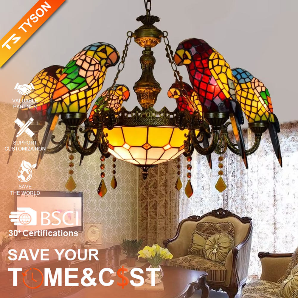 American retro parrot-shaped Tiffany chandelier, featuring vibrant stained-glass parrots and a dome lampshade paired with an antique bronze metal frame. Its rich, colorful design exudes retro artistry, making it a decorative lighting fixture that creates an exotic ambiance.