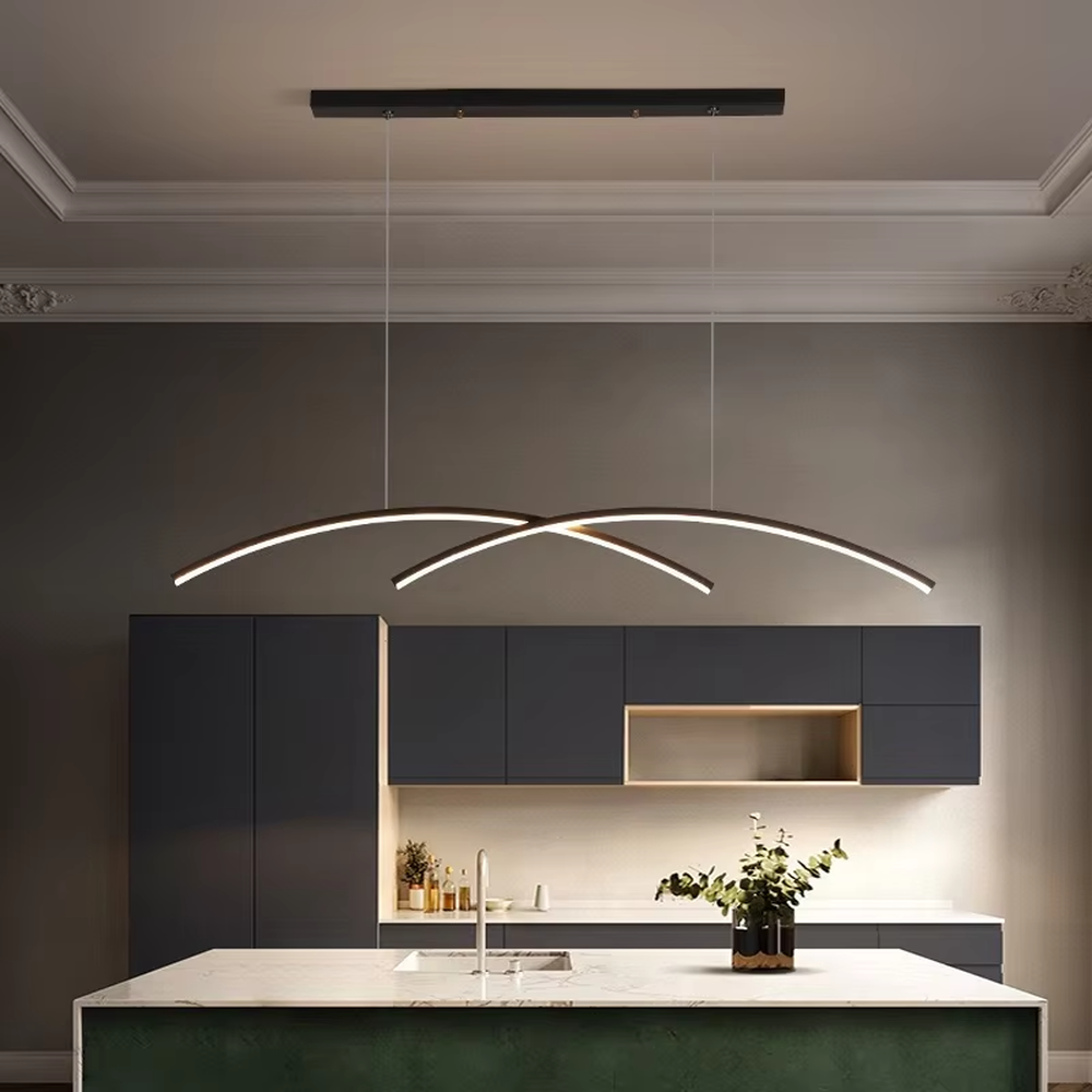Modern minimalist double-arc linear chandelier, featuring a double-layer curved light strip design in white and gold metal. Its smooth, soft lines emit even and gentle light, combining style and ambiance, making it a modern home lighting fixture that elevates the space's aesthetic.