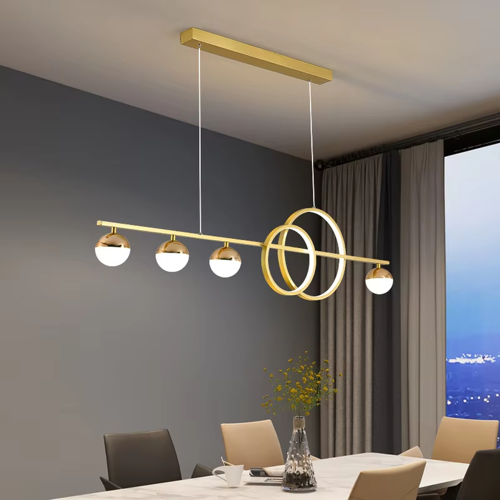 Modern light luxury black and gold combination linear chandelier, featuring a black metal frame paired with milk-white glass ball lampshades and double-ring decorations. Its minimalist and layered design combines style and ambiance, making it a decorative lighting fixture that elevates the space's aesthetic.