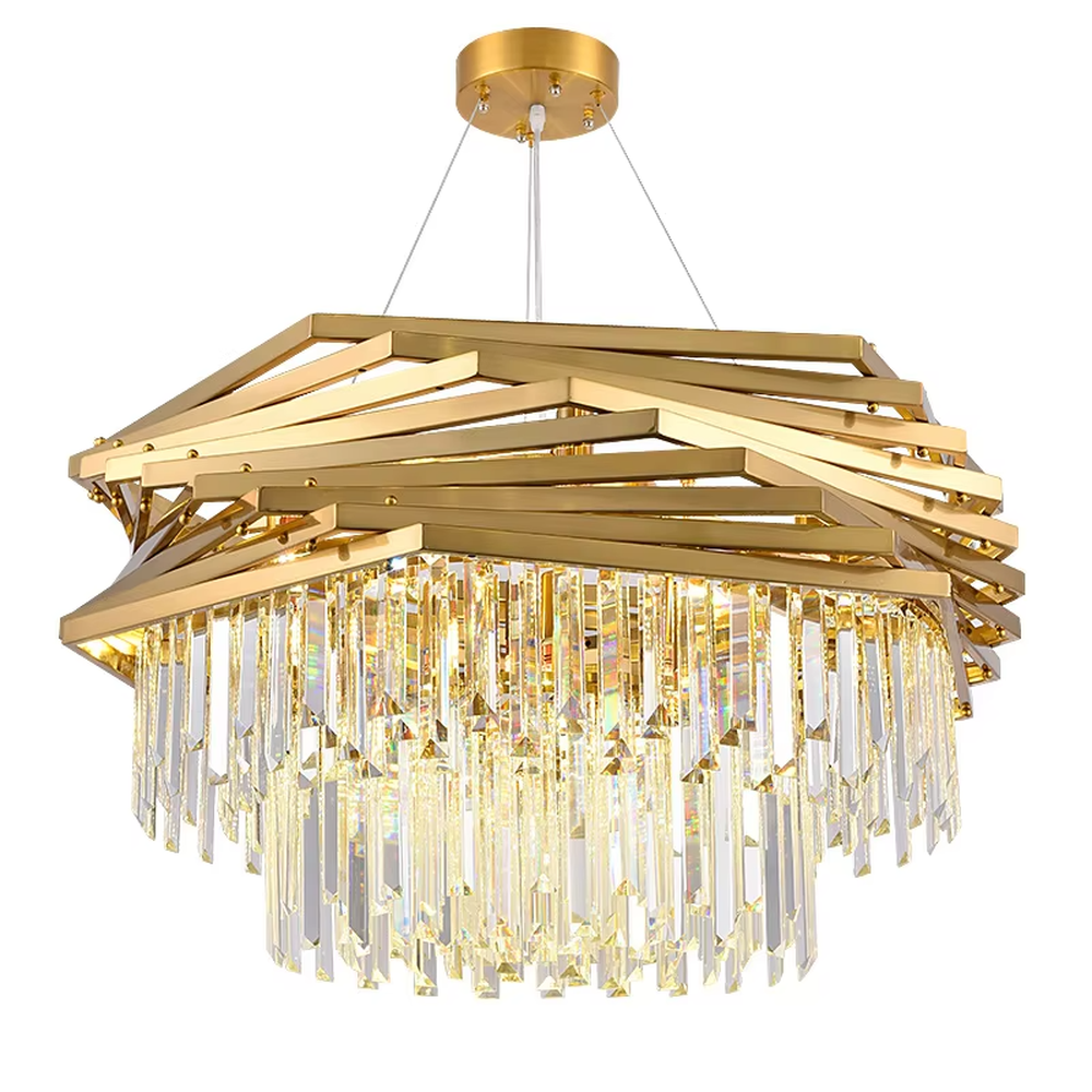 This modern light luxury two-layer chandelier features a geometric dome shape made of interwoven gold metal strips on the upper layer, with transparent crystal tassels hanging below. When lit, light refracts through the crystal to emit a brilliant and luxurious glow, combining an artistic feel with an ambient atmosphere. Ideal for living rooms, dining rooms, villa high-ceiling spaces, and other areas, it adds an elegant and exquisite touch to modern light luxury or European luxury home environments.
