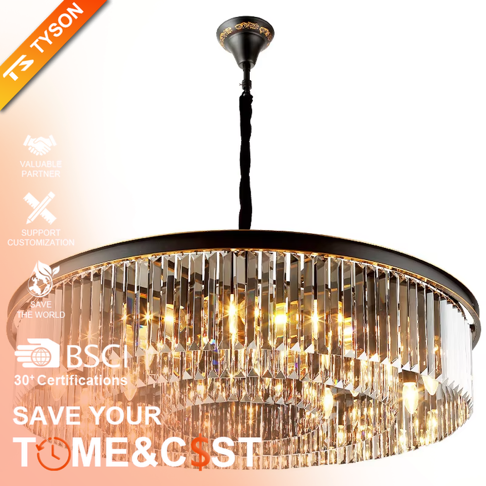 This modern light luxury circular crystal chandelier features a black metal frame, with dense transparent long crystals hanging down to form a full circular shape, suspended by a braided cord. When lit, light refracts through the crystal to emit a brilliant and soft glow, combining a bold texture with an ambient atmosphere. Ideal for living rooms, dining rooms, light luxury apartments, and other spaces, it adds an exquisite and sophisticated touch to modern minimalist or light luxury home environments.