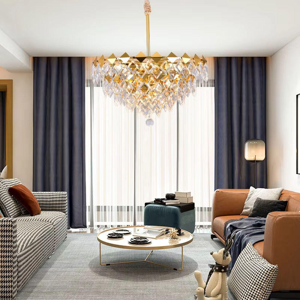 This luxurious and grand diamond-cut crystal chandelier features a gold metal frame, paired with transparent faceted crystals and gold decorative pieces, creating a full spherical shape. When lit, light refracts through the crystal to emit a brilliant and luxurious glow, combining decorative appeal with an ambient atmosphere. Ideal for dining rooms, living rooms, villa high-ceiling spaces, or high-end clubs, it adds an elegant and exquisite touch to European luxury or modern light luxury spaces.