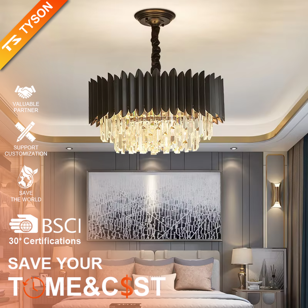 This modern light luxury two-layer chandelier features a dome shape enclosed by matte black vertical-textured metal on the upper layer, paired with transparent crystal tassel pendants on the lower layer, suspended by a black braided cord. When lit, light refracts through the crystal to emit a brilliant and soft glow, combining a sleek, bold texture with an elegant ambiance. Ideal for dining rooms, bedrooms, light luxury living rooms, and other spaces, it adds an exquisite and sophisticated touch to modern minimalist or industrial-style home environments.