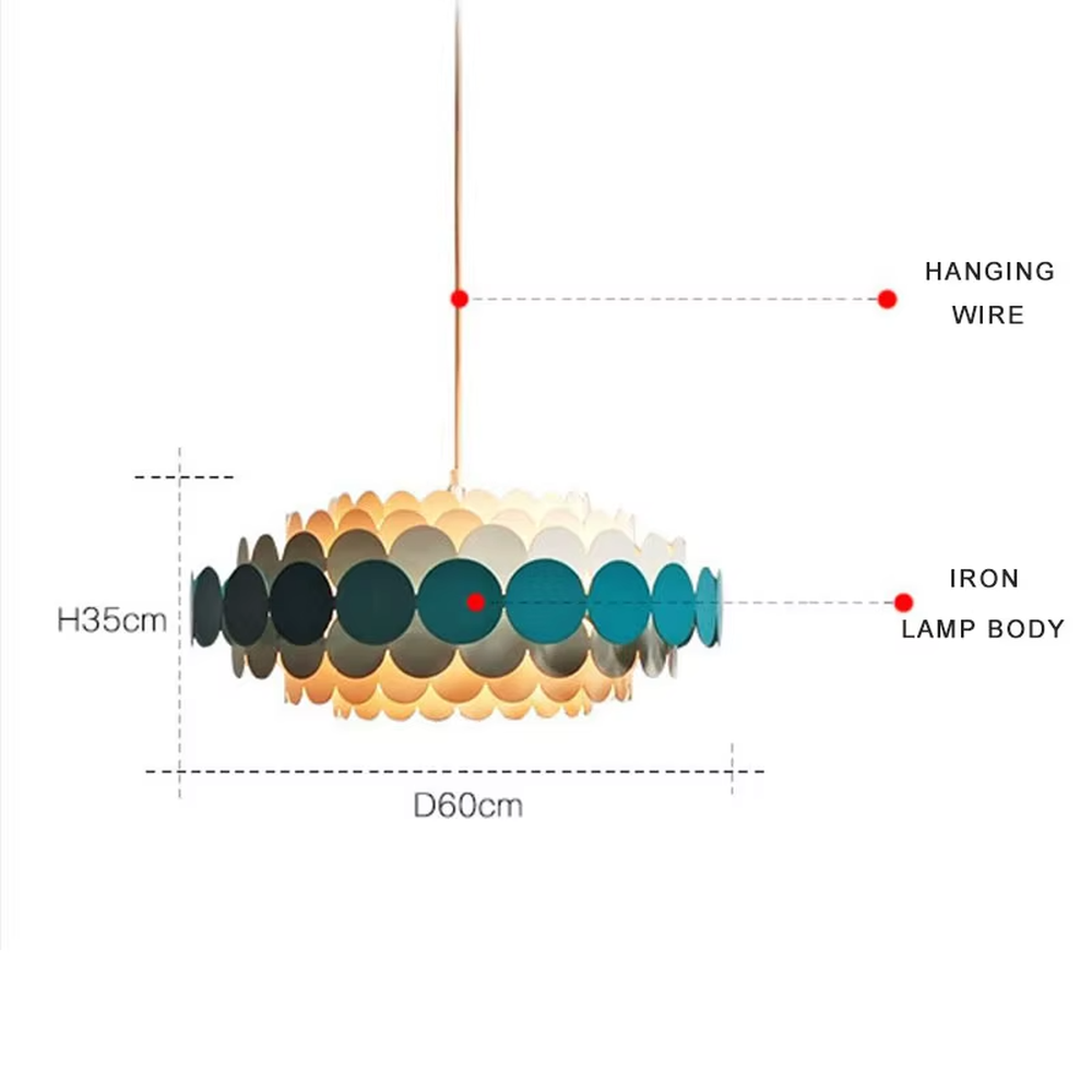 Nordic pop-style gradient disc chandelier, featuring an oval lampshade made of layered colorful discs with a gradient from light beige to deep teal. Light passes through the discs to create soft, gradient lighting effects, combining playfulness and artistry, making it a decorative lighting fixture that enhances space vitality.