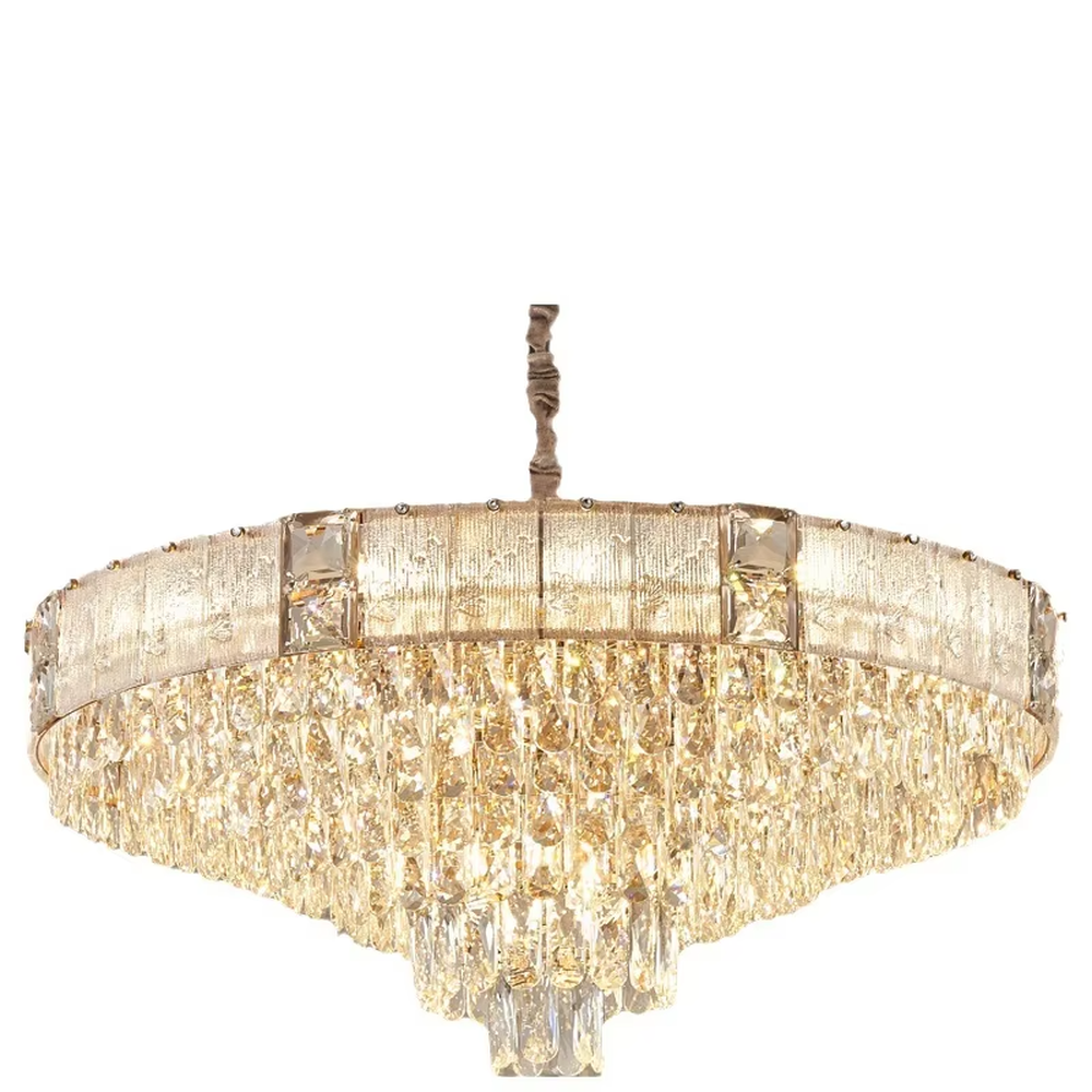 This light luxury and grand two-layer crystal chandelier features a gold metal frame with vertical-textured glass lampshades on the upper layer, and multiple layers of transparent crystal tassels hanging below, creating a full dome shape. When lit, light refracts through the crystal to emit a brilliant and soft glow, combining elegant texture with an ambient atmosphere. Ideal for bedrooms, living rooms, dining rooms, and other spaces, it adds an elegant and exquisite touch to European light luxury or modern minimalist home environments.
