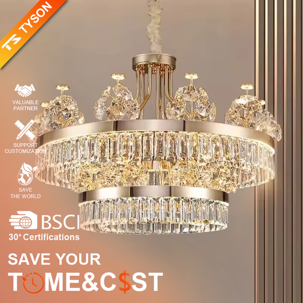 This modern light luxury two-layer crystal chandelier features a gold metal frame, with dense transparent long crystals hanging below and leaf-textured crystal lampshades on top. When lit, light refracts through the crystal to emit a brilliant and soft glow, combining an ethereal texture with an ambient atmosphere. Ideal for living rooms, dining rooms, light luxury apartments, and other spaces, it adds an exquisite and sophisticated touch to modern minimalist or light luxury home environments.