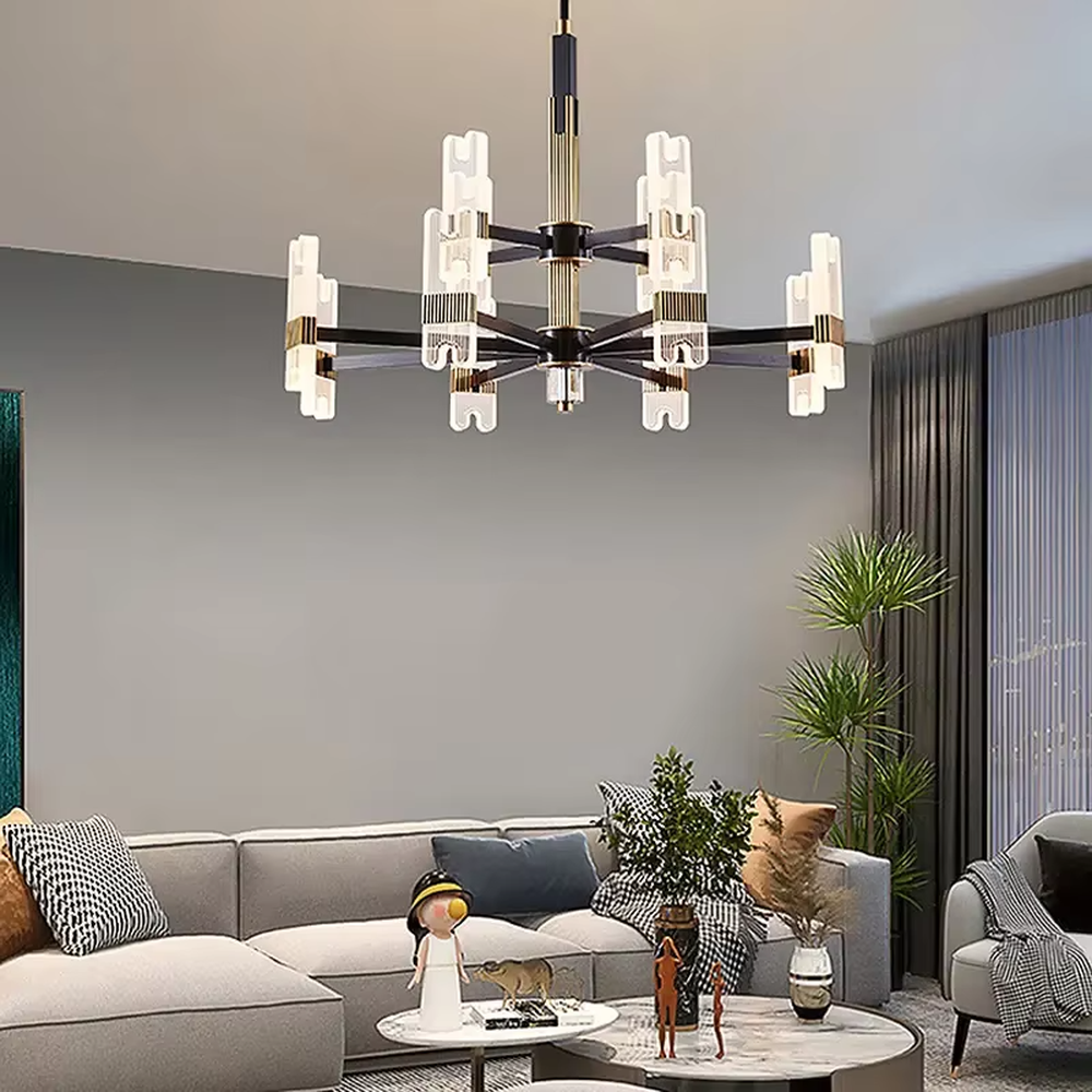 Modern light luxury black and gold chandelier, featuring a radial frame in black and gold metal paired with striped acrylic lampshades. It emits soft, layered light, combining style and ambiance, making it a high-end decorative lighting fixture that elevates the space's aesthetic.