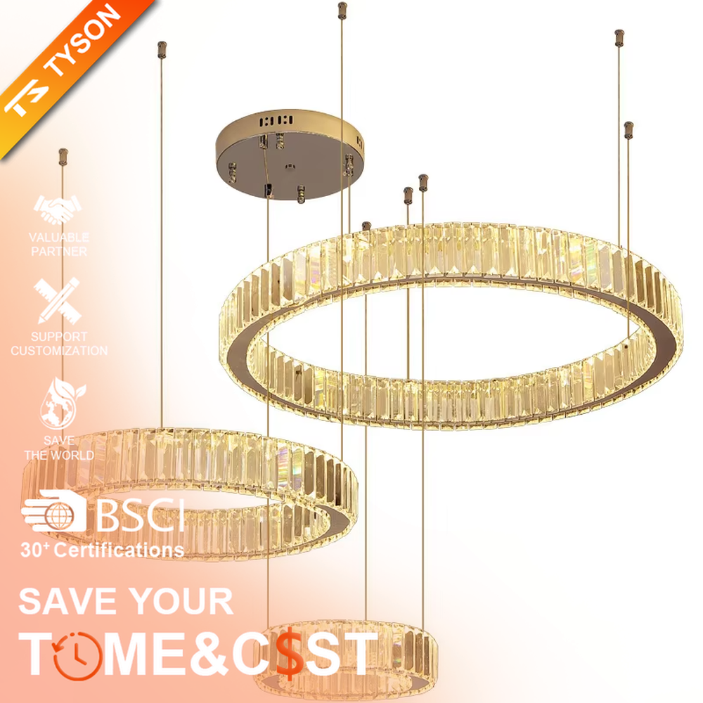 This modern light luxury multi-layer circular crystal chandelier features gold metal frames, inlaid with transparent long crystals to create three groups of staggered circular shapes. When lit, light refracts through the crystals to emit a brilliant and soft glow, combining a layered texture with an ambient atmosphere. Ideal for high-ceiling living rooms, duplex apartments, light luxury apartments, and other spaces, it adds an exquisite and sophisticated touch to modern minimalist or light luxury home environments.