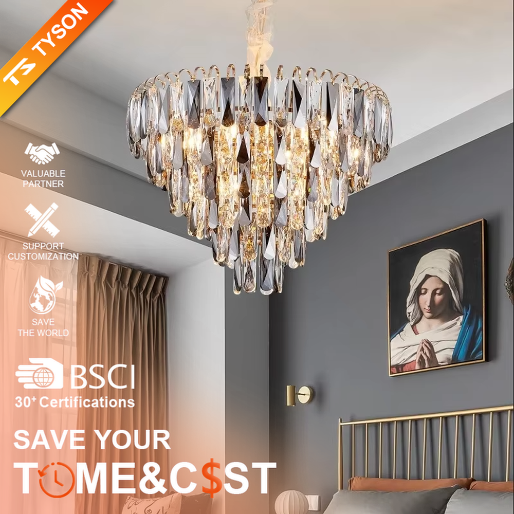 This modern light luxury layered crystal chandelier features a metal ceiling base, with multiple layers of transparent long crystal strips hanging down to form a full fan-shaped dome. When lit, light refracts through the crystal to emit a brilliant and luxurious glow, combining a luxurious texture with an ambient atmosphere. Ideal for living rooms, bedrooms, dining rooms, and other spaces, it adds an elegant and exquisite touch to modern light luxury or European luxury home environments.