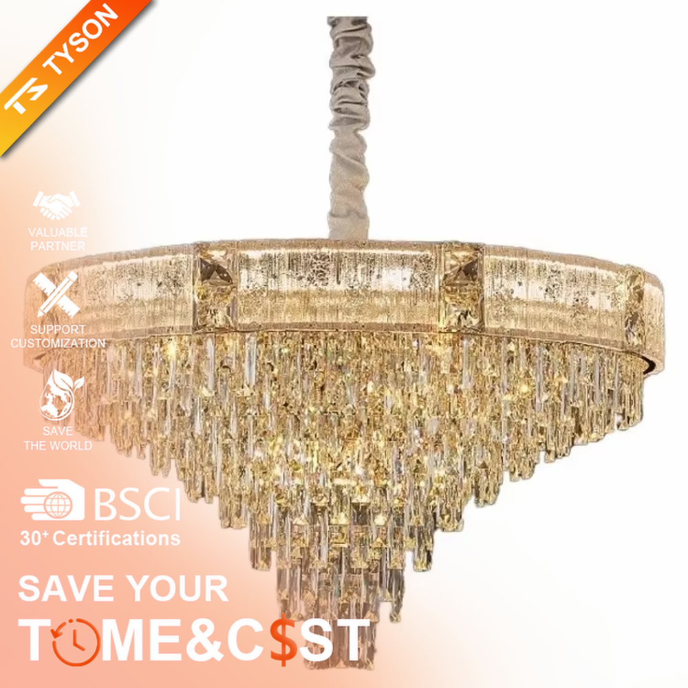 This light luxury and grand multi-layer conical crystal chandelier features a gold metal frame, with vertical-textured glass lampshades on the upper layer and multiple layers of transparent crystal tassels hanging below, creating a full conical shape. When lit, light refracts through the crystal to emit a brilliant and luxurious glow, combining elegant texture with an ambient atmosphere. Ideal for living rooms, dining rooms, villa high-ceiling spaces, and other areas, it adds an elegant and exquisite touch to European light luxury or modern luxury home environments.
