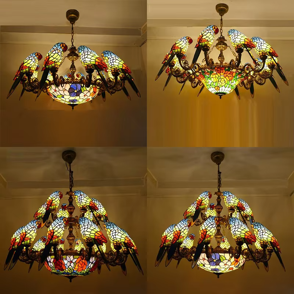 American retro parrot-shaped Tiffany chandelier, featuring vibrant stained-glass parrots and a dome lampshade paired with an antique bronze metal frame. Its rich, colorful design exudes retro artistry, making it a decorative lighting fixture that creates an exotic ambiance.