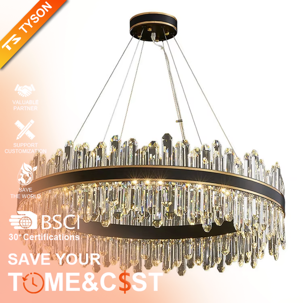 This modern light luxury two-layer circular crystal chandelier features a black-gold metal frame, with dense transparent long crystals hanging down to form a full circular shape. When lit, light refracts through the crystal to emit a brilliant and luxurious glow, combining a bold texture with an ambient atmosphere. Ideal for living rooms, dining rooms, light luxury apartments, and other spaces, it adds an exquisite and sophisticated touch to modern minimalist or light luxury home environments.