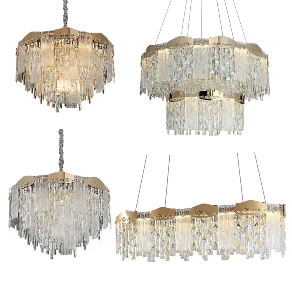 This modern light luxury multi-layer crystal tassel chandelier features a gold metal frame, with multiple layers of transparent long crystal tassels hanging down to form a full square dome shape. When lit, light refracts through the crystal to emit a brilliant and soft glow, combining luxurious texture with an ambient atmosphere. Ideal for dining rooms, living rooms, light luxury apartments, and other spaces, it adds an elegant and exquisite touch to modern minimalist or light luxury home environments.