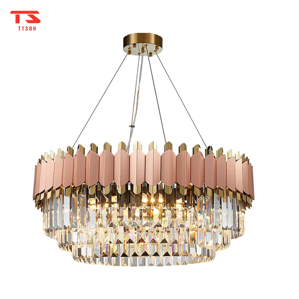 This modern light luxury two-layer linear chandelier features an upper frame of pink-and-gold geometric metal pieces, with transparent crystal tassels hanging below, suspended by a gold ceiling base and silver cords. When lit, light refracts through the crystal to emit a brilliant and soft glow, combining a sweet texture with an ambient atmosphere. Ideal for dining rooms, bars, girl-style bedrooms, and other spaces, it adds an exquisite and sophisticated touch to modern minimalist or light luxury sweet home environments.