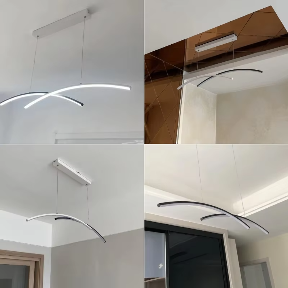 Modern minimalist double-arc linear chandelier, featuring a double-layer curved light strip design in white and gold metal. Its smooth, soft lines emit even and gentle light, combining style and ambiance, making it a modern home lighting fixture that elevates the space's aesthetic.