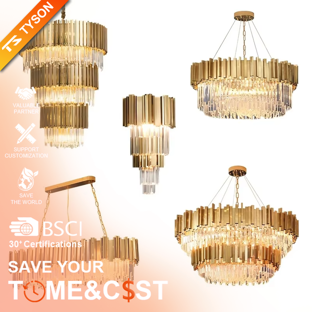 Light luxury post-modern metal crystal chandelier, featuring a dome shape layered with gold metal strips and crystal columns. Light refracts through the crystals to create a brilliant and luxurious glow, combining sophistication and ambiance, making it a high-end decorative lighting fixture that elevates the space's style.