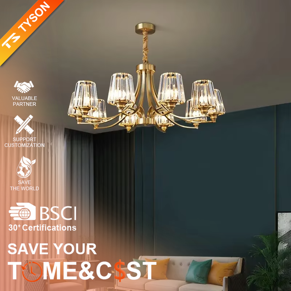 This modern light luxury multi-head chandelier features a champagne gold metal frame, with textured crystal lampshades forming an arc branch shape. When lit, light refracts through the crystals to emit a soft and brilliant glow, combining a retro-luxurious texture with an ambient atmosphere. Ideal for living rooms, dining rooms, light luxury apartments, and other spaces, it adds an exquisite and sophisticated touch to modern minimalist or light luxury home environments.