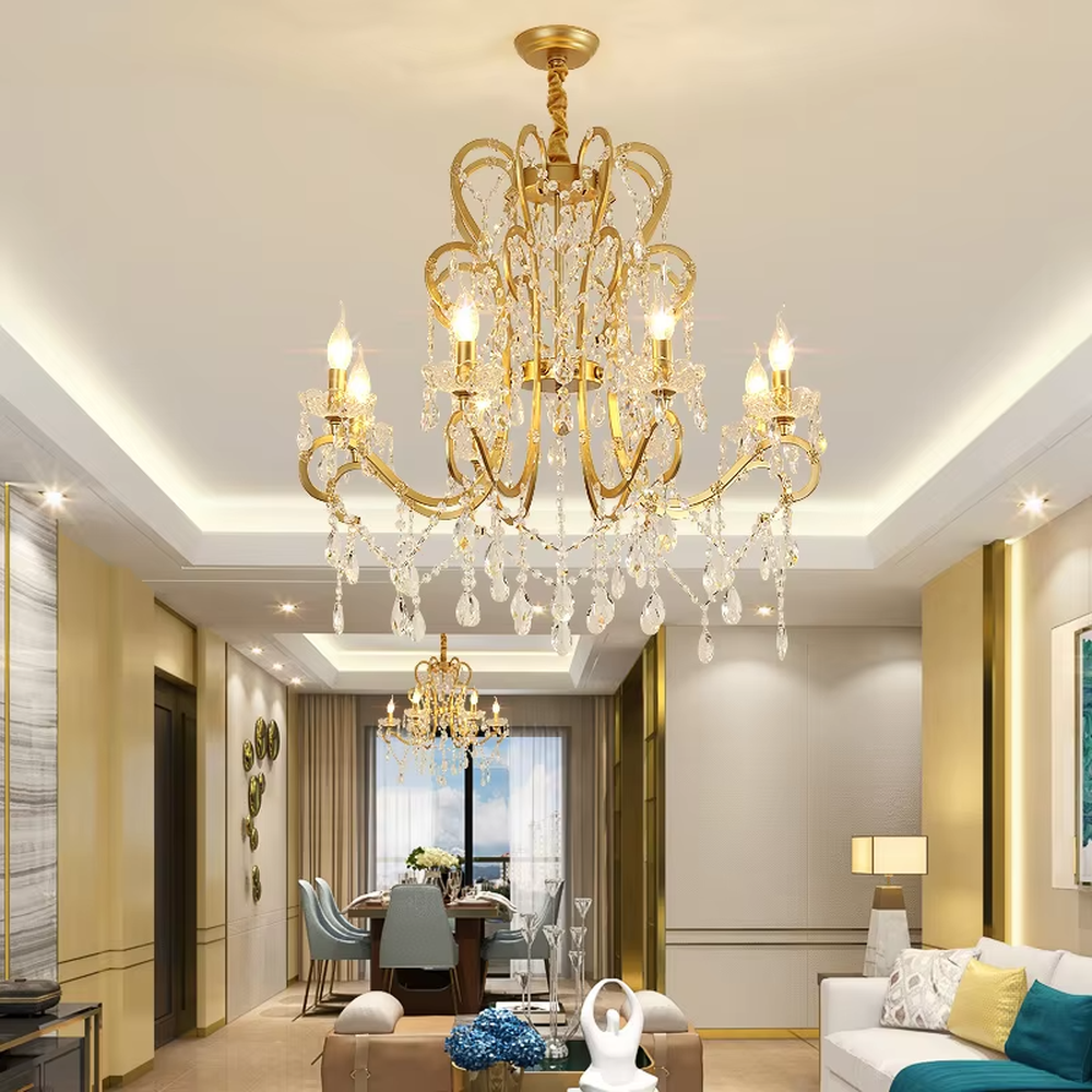 This European luxury crystal chandelier features curved branches crafted from transparent crystal, paired with hanging crystal pendants, creating a gorgeous and elegant courtly texture. When lit, light refracts through the crystal to emit a brilliant and soft glow, combining decorative appeal with an ambient atmosphere. Ideal for living rooms, dining rooms, villa high-ceiling spaces, or high-end clubs, it adds an elegant and exquisite touch to European luxury or modern light luxury spaces.