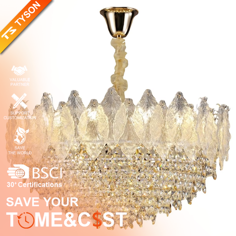This modern light luxury two-layer flower crown chandelier features an upper lampshade of transparent leaf-textured glass and a lower layer of dense crystal tassels, forming a full flower crown shape. When lit, light refracts through the crystal and glass to emit a brilliant and soft glow, combining an ethereal texture with an ambient atmosphere. Ideal for living rooms, dining rooms, light luxury apartments, and other spaces, it adds a dreamy and exquisite touch to modern minimalist or French light luxury home environments.