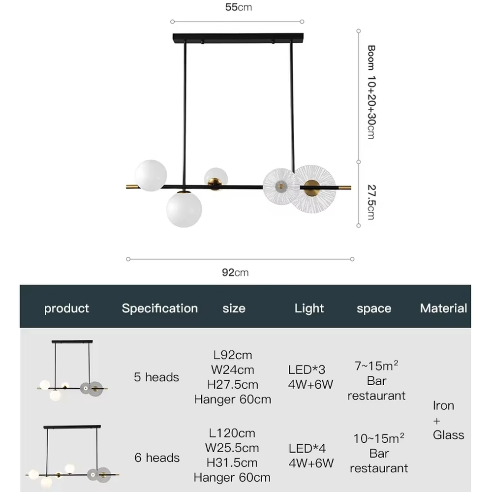Modern light luxury black and gold combination linear chandelier, featuring a black and gold metal frame paired with milk-white glass balls and radial-patterned glass lampshades. Its minimalist and layered design combines style and ambiance, making it a decorative lighting fixture that elevates the space's aesthetic.