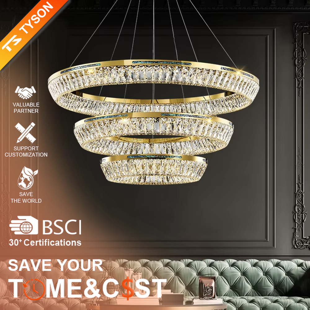 This modern light luxury multi-layered ring crystal chandelier features a gold metal frame, with each ring inlaid with transparent long crystals arranged in concentric circles. When lit, light refracts through the crystal to emit a brilliant and luxurious glow, combining layered design with an ambient atmosphere. Ideal for high-ceiling living rooms, villa foyers, hotel lobbies, and other spaces, it adds an elegant and exquisite touch to modern light luxury or European-style luxury environments.