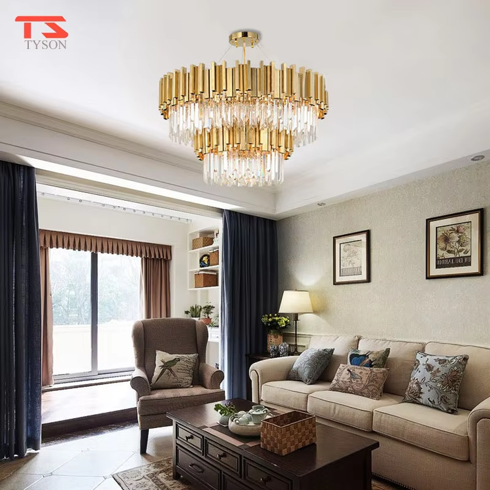 This modern light luxury two-layer circular chandelier features a gold metal strip frame on the upper layer and dense, transparent long crystals hanging below. When lit, light refracts through the crystals to emit a brilliant and soft glow, combining a luxurious texture with an ambient atmosphere. Ideal for living rooms, dining rooms, light luxury apartments, and other spaces, it adds an exquisite and sophisticated touch to modern minimalist or light luxury home environments.