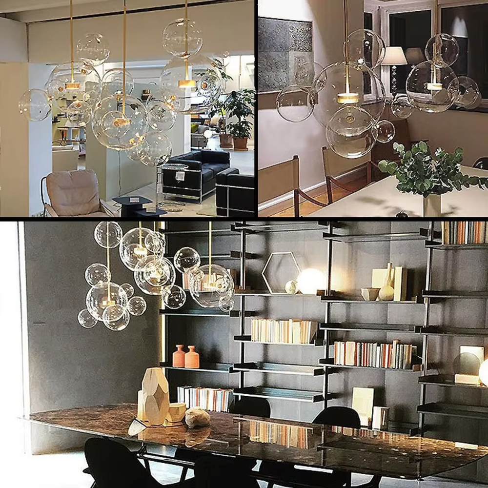 Modern art bubble cluster chandelier, featuring a cloud-like arrangement of transparent glass bubbles paired with black and gold suspension wires. Light refracts through the bubbles to create a soft and translucent glow, combining a dreamy feel and artistic ambiance, making it a high-end decorative lighting fixture that elevates the space's style.