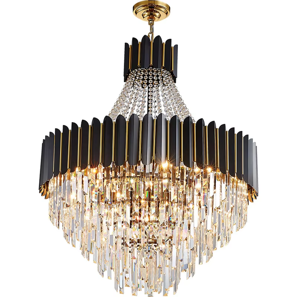 This modern light luxury multi-layer conical crystal chandelier features an upper frame of black-gold metal strips and a lower layer of multiple tiers of transparent crystal strips, forming a full conical dome shape. When lit, light refracts through the crystal to emit a brilliant and luxurious glow, combining a bold texture with an ambient atmosphere. Ideal for villa living rooms, high-end clubs, luxury dining rooms, and other spaces, it adds an elegant and exquisite touch to European luxury or modern light luxury environments.