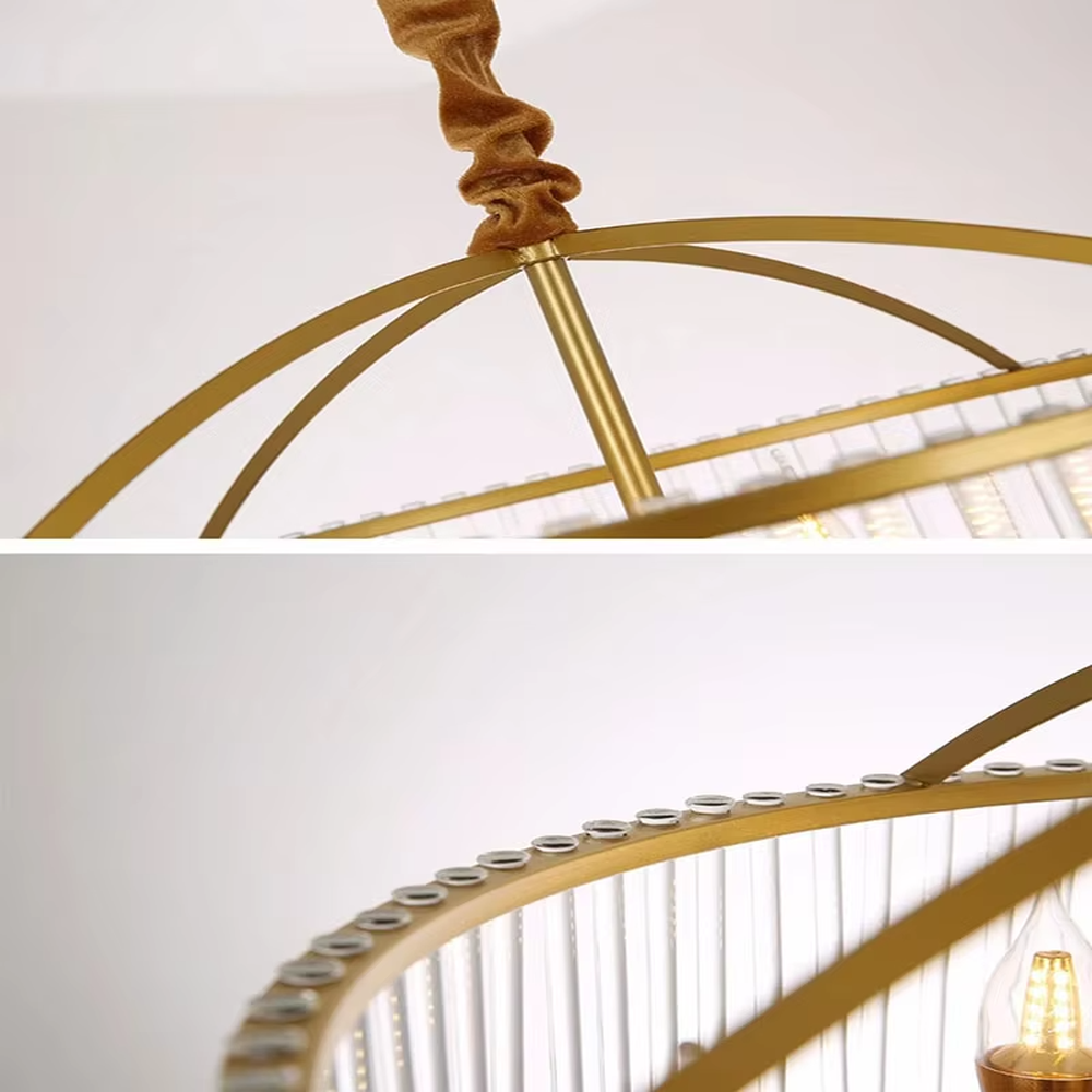 This retro light luxury crystal tassel chandelier features a brass metal frame, paired with transparent long crystal tassels that enclose a dome shape. The internal curved-arm lamp holder is equipped with candelabra light sources. When lit, light refracts through the crystal to emit a soft and brilliant glow, combining retro elegance with an ambient atmosphere. Ideal for dining rooms, bedrooms, retro-style living rooms, and other spaces, it adds an elegant and exquisite touch to American retro or European light luxury home environments.