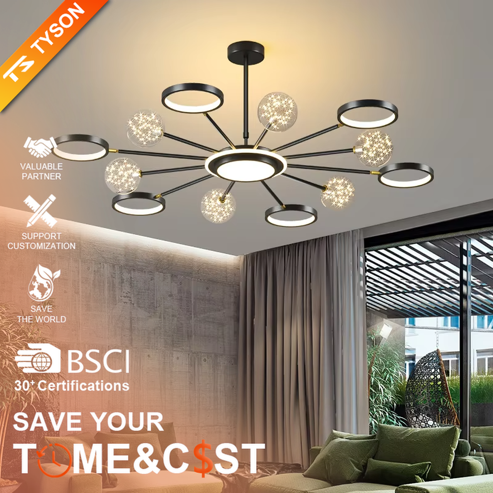 This modern light luxury radial chandelier features a gold metal frame with multiple radially extending arms, paired with glowing rings and glass ball lampshades with a starry sky effect. When lit, it emits a bright and soft glow, combining a futuristic feel with an ambient atmosphere. Ideal for living rooms, large apartments, and light luxury residences, it adds an exquisite and sophisticated touch to modern minimalist or light luxury home environments.