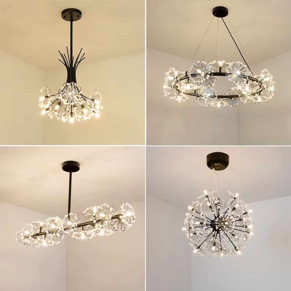 This modern light luxury dandelion-shaped chandelier features a black wrought iron frame and transparent crystal flower ball lampshades. When lit, it emits a bright and soft glow like blooming fireworks, combining decorative appeal with an ambient atmosphere. Ideal for bedrooms, living rooms, dining rooms, and other spaces, it adds an exquisite and romantic touch to modern minimalist, light luxury, or Nordic-style home environments.