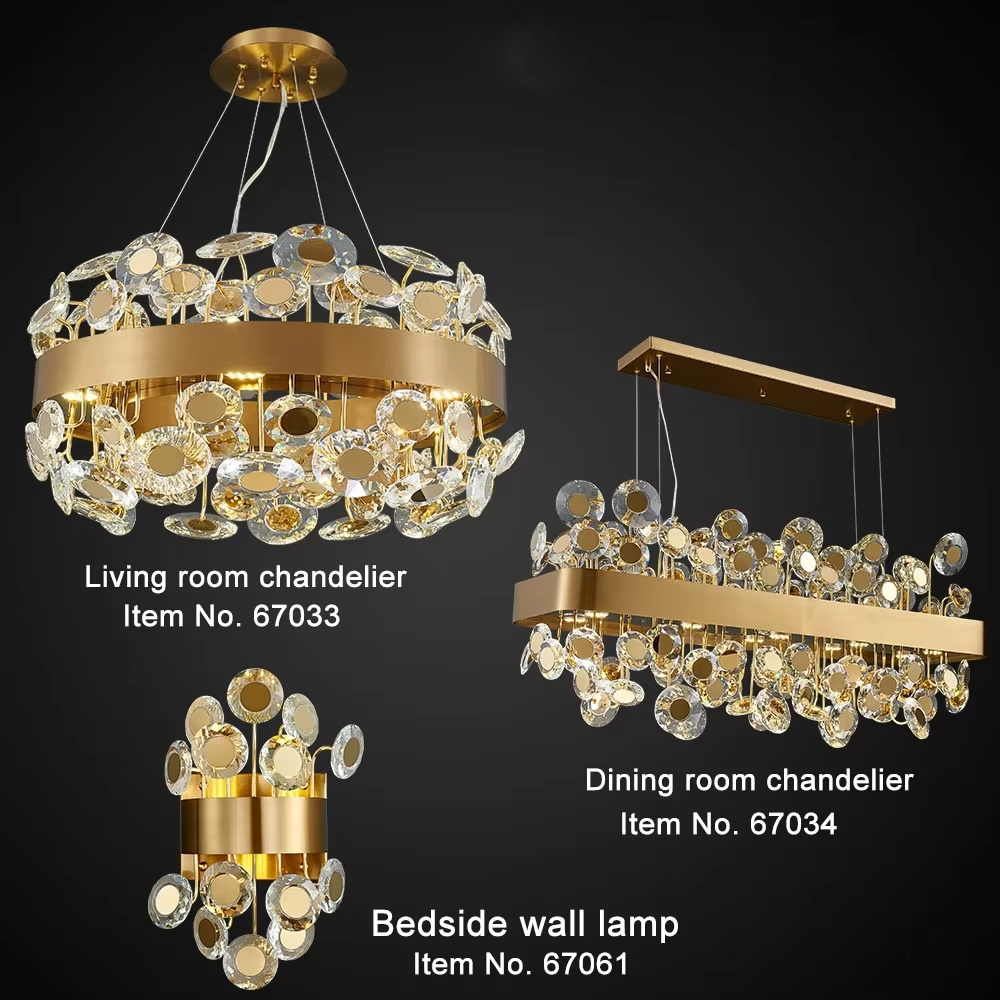 This modern light luxury rectangular crystal chandelier features a gold metal frame inlaid with multiple layers of circular-cut crystals and gold reflective discs. The staggered crystals create a brilliant and luxurious light effect when illuminated, combining decorative appeal with an ambient atmosphere. Ideal for dining rooms, bars, and above dining tables in light luxury apartments, it adds an elegant and exquisite touch to modern light luxury or European-style luxury spaces.
