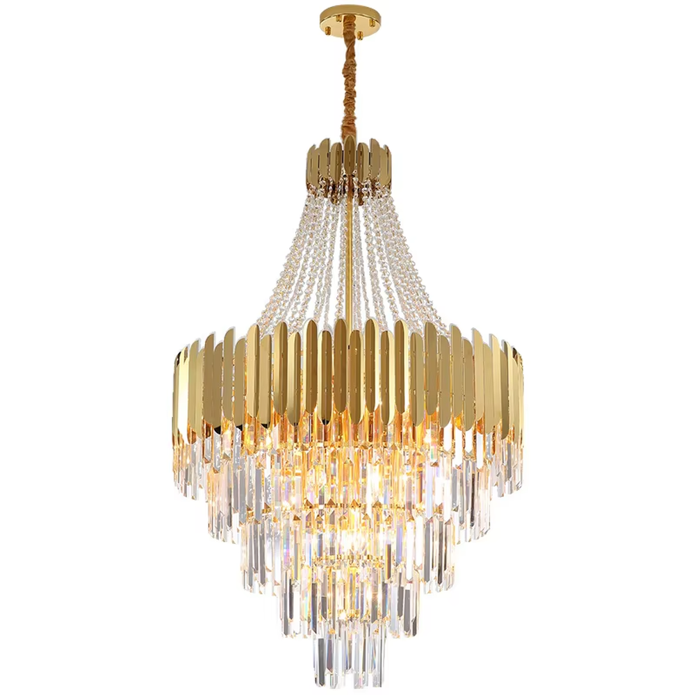 This light luxury and grand multi-layer crystal chandelier features a gold metal frame, paired with transparent crystal pendants and metal decorative pieces, creating a layered conical shape. When lit, light refracts through the crystal to emit a brilliant and luxurious glow, combining decorative appeal with an ambient atmosphere. Ideal for villa living rooms, high-ceiling spaces, hotel lobbies, or duplex foyers, it adds an elegant and exquisite touch to modern light luxury or European-style luxury spaces.