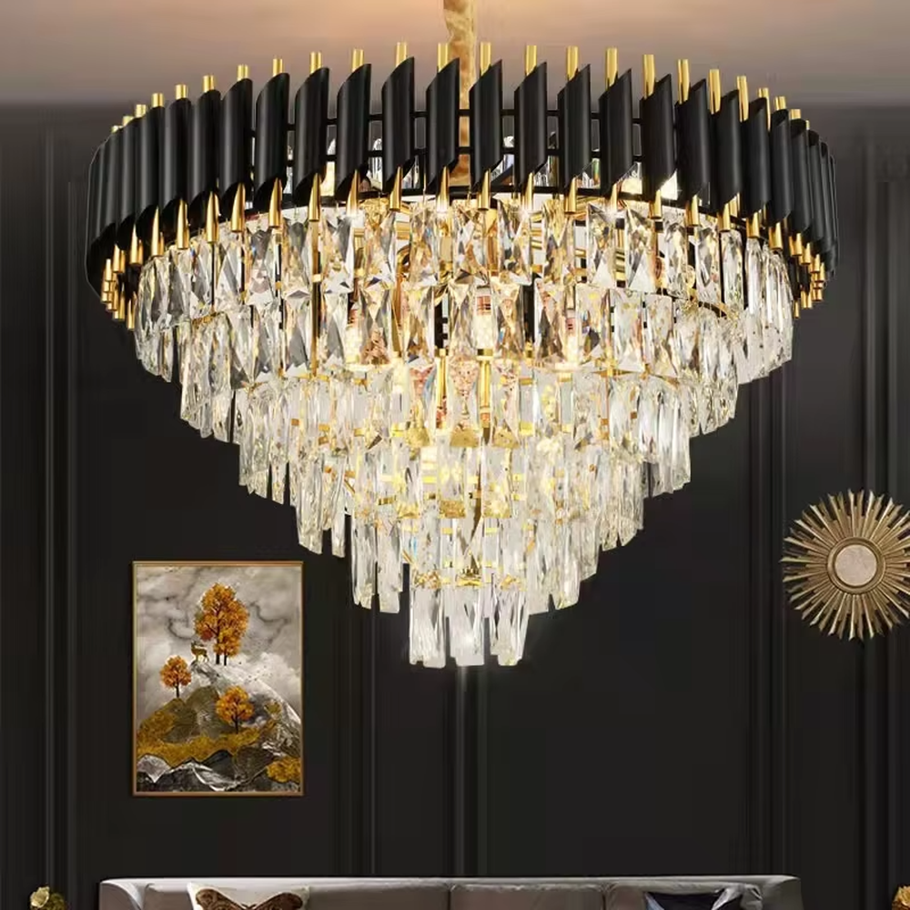 This modern light luxury multi-layer conical crystal chandelier features an upper frame of black-gold metal strips and a lower layer of multiple tiers of transparent crystal strips, forming a full conical dome shape. When lit, light refracts through the crystal to emit a brilliant and luxurious glow, combining a bold texture with an ambient atmosphere. Ideal for villa living rooms, high-end clubs, luxury dining rooms, and other spaces, it adds an elegant and exquisite touch to European luxury or modern light luxury environments.