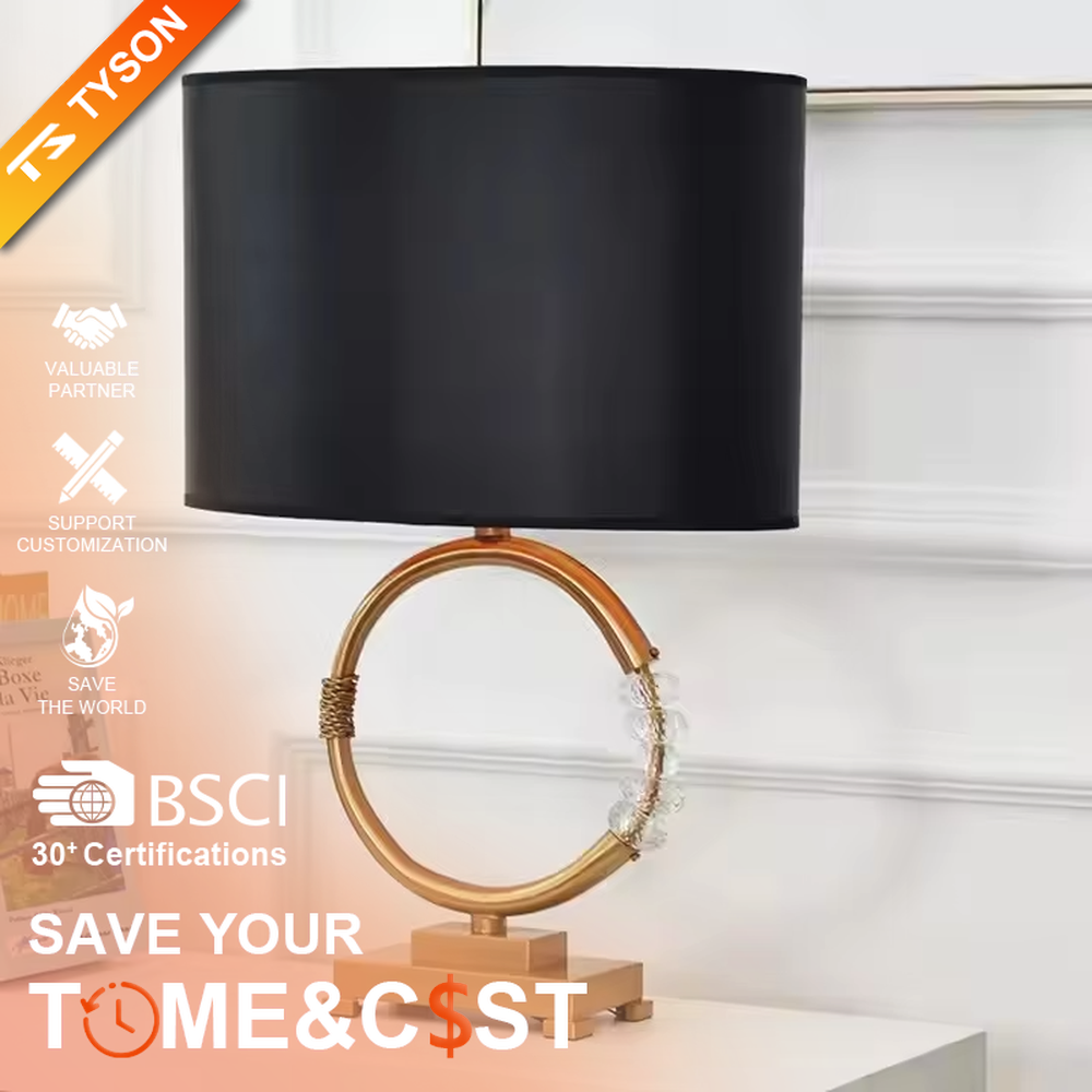 This is a luxurious retro-style table lamp with a golden circular base, a black fabric lampshade, and crystal elements, featuring an elegant and grand design. It is used for local desktop lighting and decoration, enhancing the luxurious retro ambiance of the space. It is suitable for luxury-style home living room side tables, high-end hotel guest rooms, retro-style clubs and other places.