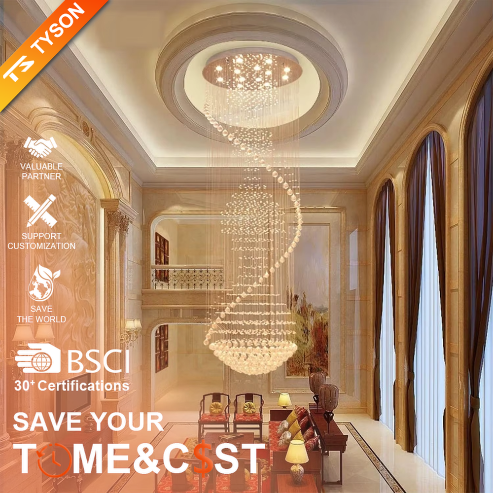 This European luxury spiral staircase crystal chandelier features a metal ceiling base, with dense crystal bead strings hanging down to form a dynamic spiral-rising shape. When lit, light refracts through the crystal to emit a brilliant and soft glow, combining a dynamic texture with an ambient atmosphere. Ideal for villa high-ceiling living rooms, hotel lobbies, duplex hollow spaces, and other areas, it adds an elegant and exquisite touch to European luxury or modern light luxury environments.
