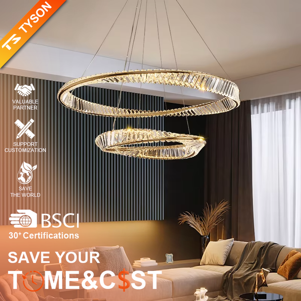 This modern light luxury interwoven ring crystal chandelier features a gold metal frame, inlaid with transparent long crystals to create a dynamic interwoven double-ring shape. When lit, light refracts through the crystal to emit a brilliant and soft glow, combining a futuristic feel with an ambient atmosphere. Ideal for dining rooms, living rooms, light luxury apartments, and other spaces, it adds an exquisite and sophisticated touch to modern minimalist or light luxury home environments.