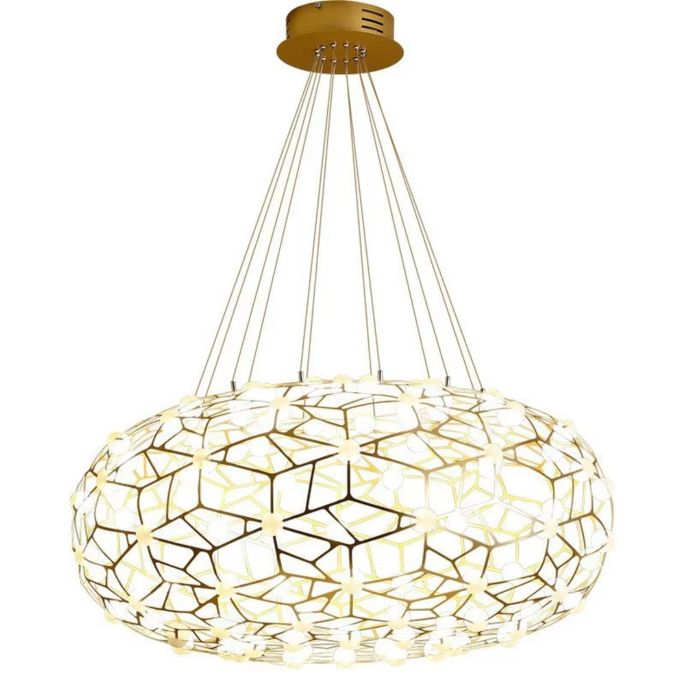 Modern light luxury honeycomb-structure oval chandelier, featuring a bionic honeycomb frame made of gold metal and covered with glowing light beads. It emits soft and brilliant light, combining a sense of technology and artistic ambiance, making it a high-end decorative lighting fixture that elevates the space's style.
