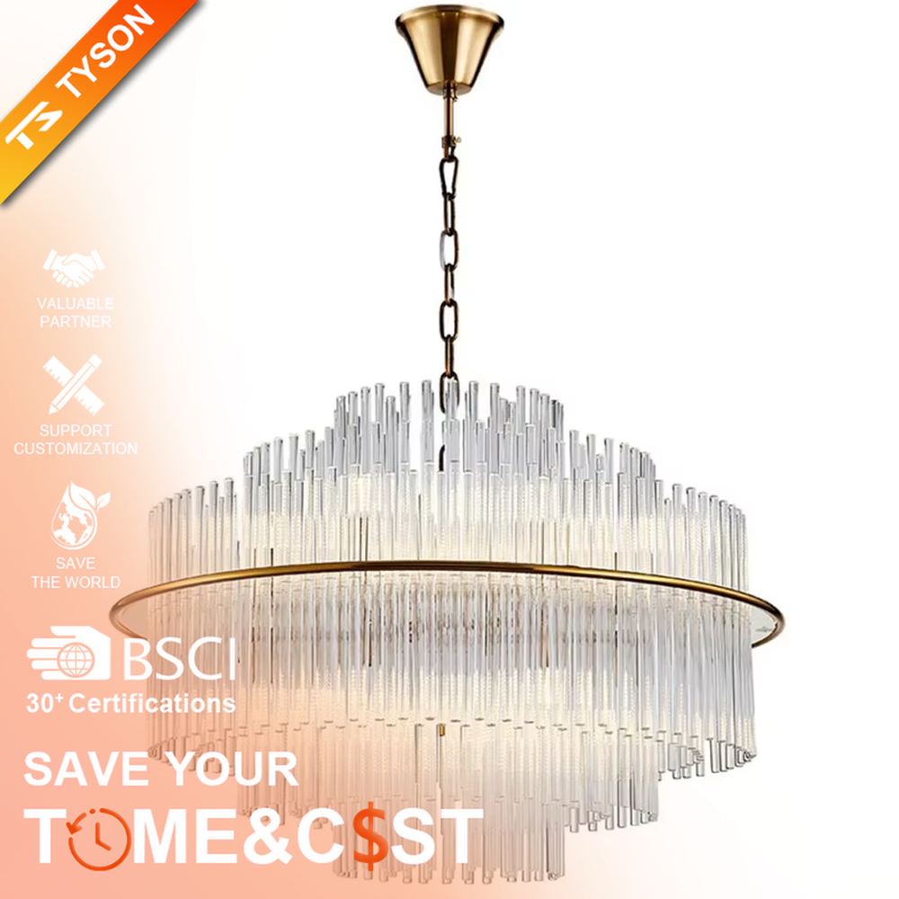 This modern light luxury multi-layer circular crystal chandelier features a gold metal frame, with multiple tiers of transparent long crystals hanging down to form a full circular shape, suspended by a gold chain. When lit, light refracts through the crystal to emit a brilliant and soft glow, combining a luxurious texture with an ambient atmosphere. Ideal for bedrooms, living rooms, light luxury apartments, and other spaces, it adds an exquisite and sophisticated touch to modern minimalist or light luxury home environments.