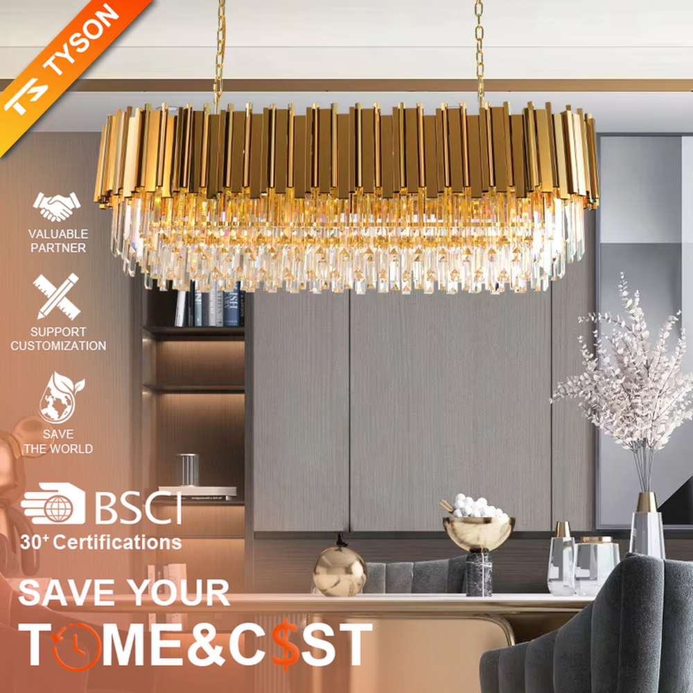 This modern light luxury two-layer linear chandelier features a gold metal strip frame on the upper layer and dense transparent long crystals hanging below, suspended by gold chains. When lit, light refracts through the crystals to emit a brilliant and soft glow, combining a luxurious texture with an ambient atmosphere. Ideal for dining rooms, bars, light luxury apartments, and other spaces, it adds an exquisite and sophisticated touch to modern minimalist or light luxury home environments.