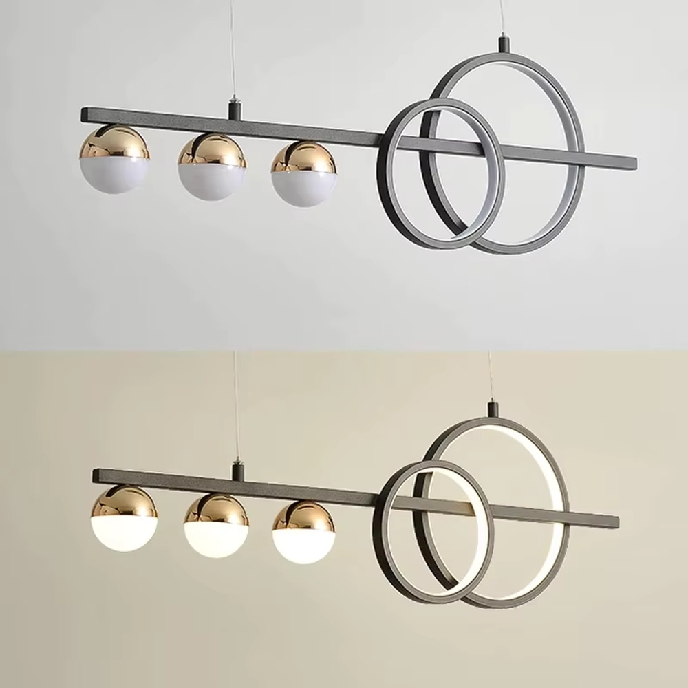 Modern light luxury black and gold combination linear chandelier, featuring a black metal frame paired with milk-white glass ball lampshades and double-ring decorations. Its minimalist and layered design combines style and ambiance, making it a decorative lighting fixture that elevates the space's aesthetic.