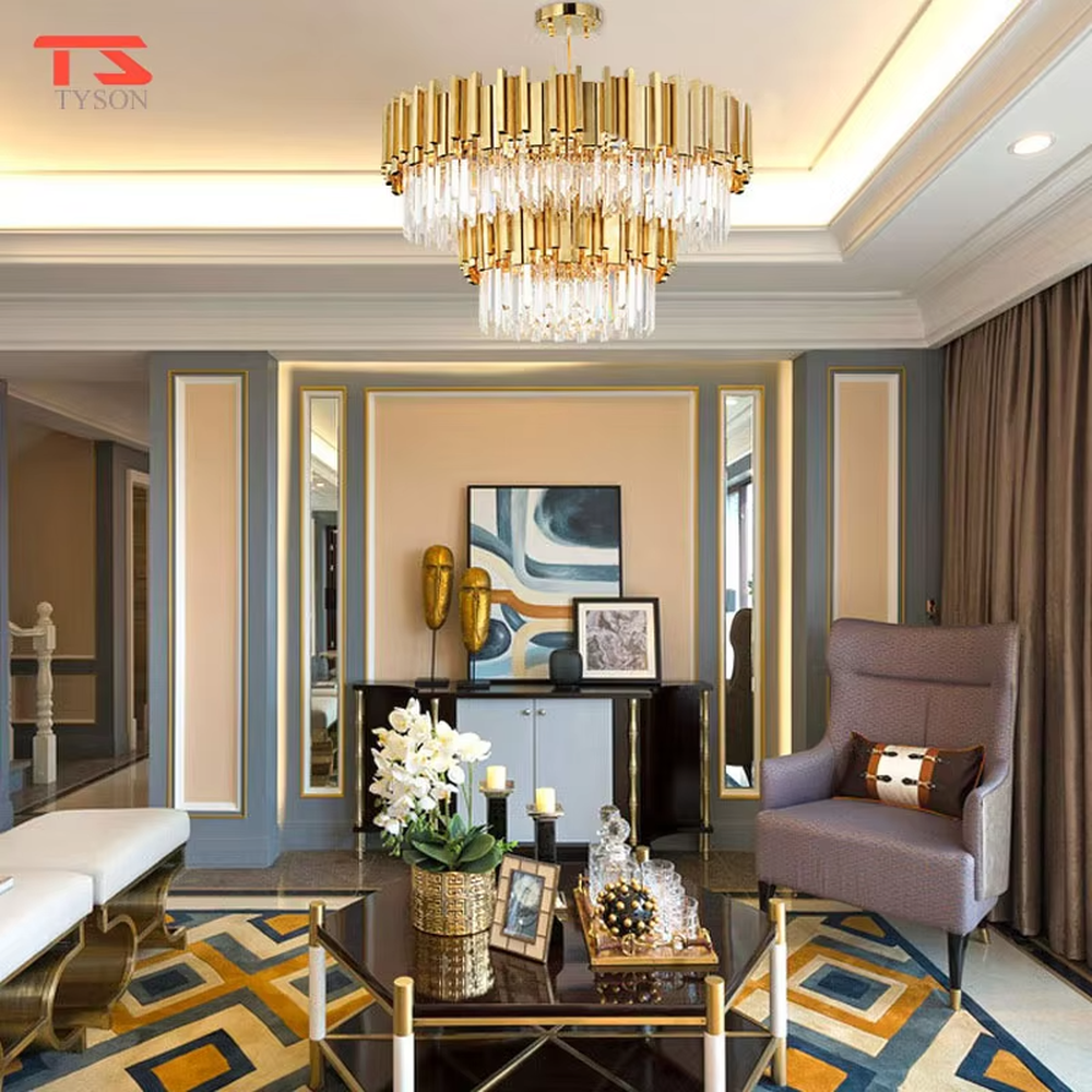 This modern light luxury two-layer circular chandelier features a gold metal strip frame on the upper layer and dense, transparent long crystals hanging below. When lit, light refracts through the crystals to emit a brilliant and soft glow, combining a luxurious texture with an ambient atmosphere. Ideal for living rooms, dining rooms, light luxury apartments, and other spaces, it adds an exquisite and sophisticated touch to modern minimalist or light luxury home environments.