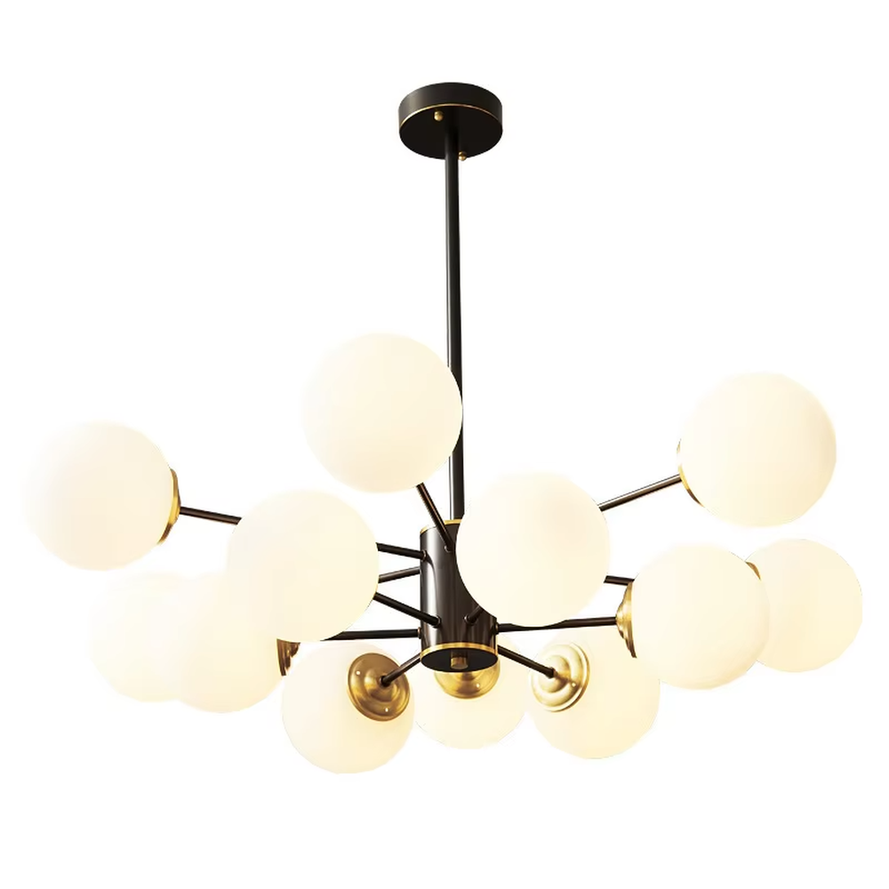 Modern light luxury magic bean chandelier, featuring a radial frame in black and gold metal paired with milk-white frosted glass ball lampshades. Its minimalist, rounded, and layered design combines warmth and style, making it a decorative lighting fixture that enhances the space's texture.
